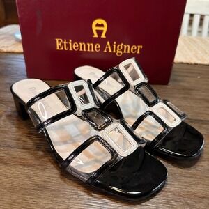 Y2K Etienne Aigner Karat Retro Black White Block Heel Mules Slides Size 8M